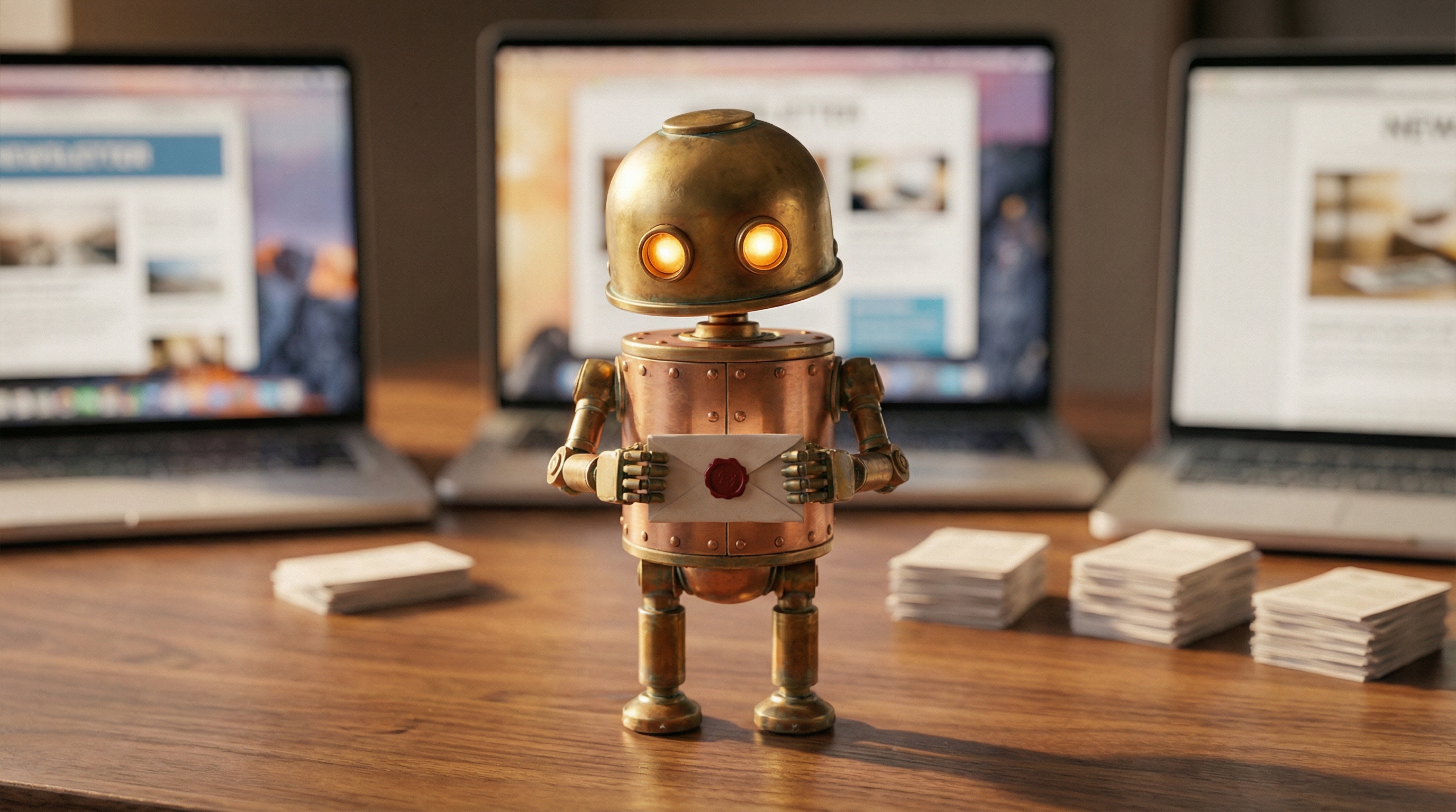A small brass robot proudly presenting a finished newsletter