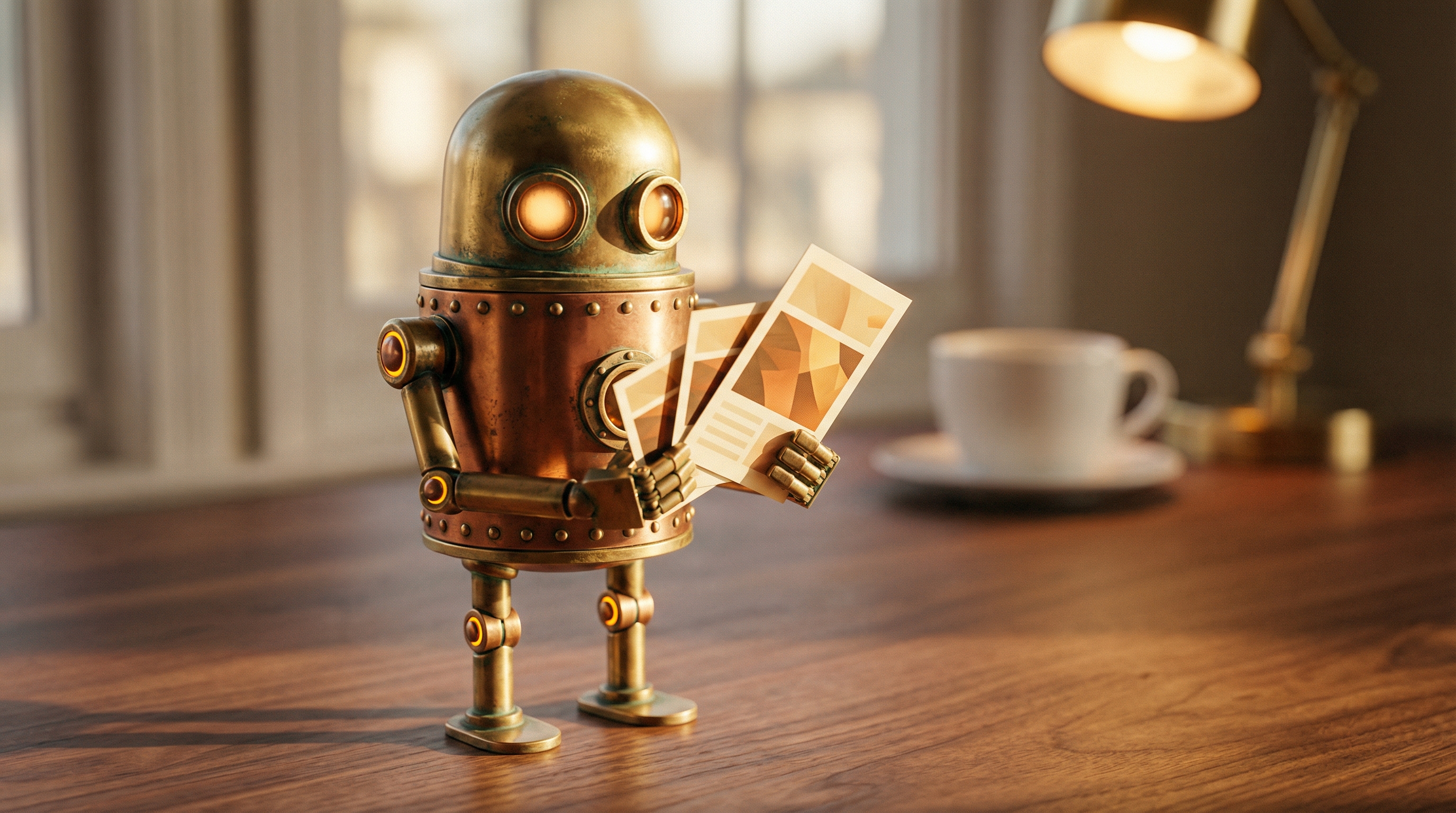 A small brass robot presenting newsletter options